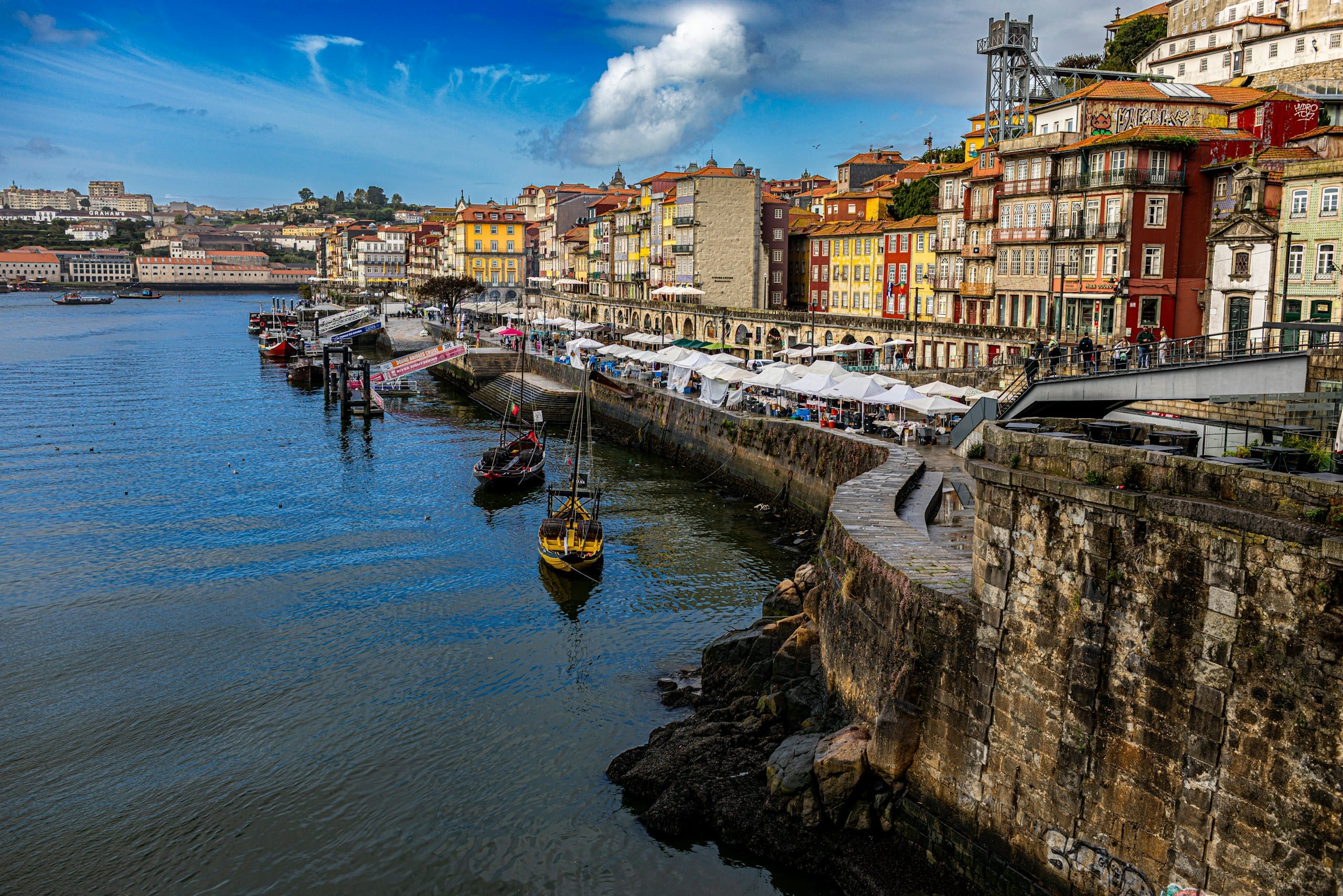 Colourful Ribeira waterfront buildings lining the Douro at Porto with boats moored below